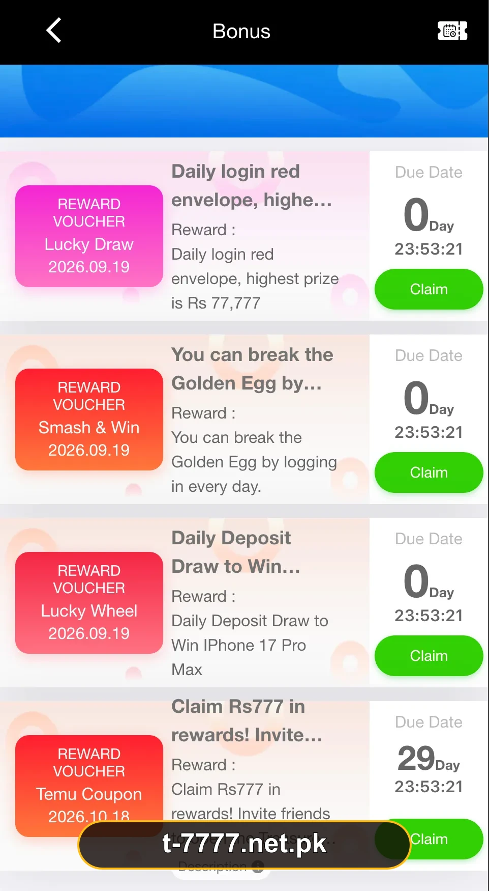 T7777 Game bonus voucher screen