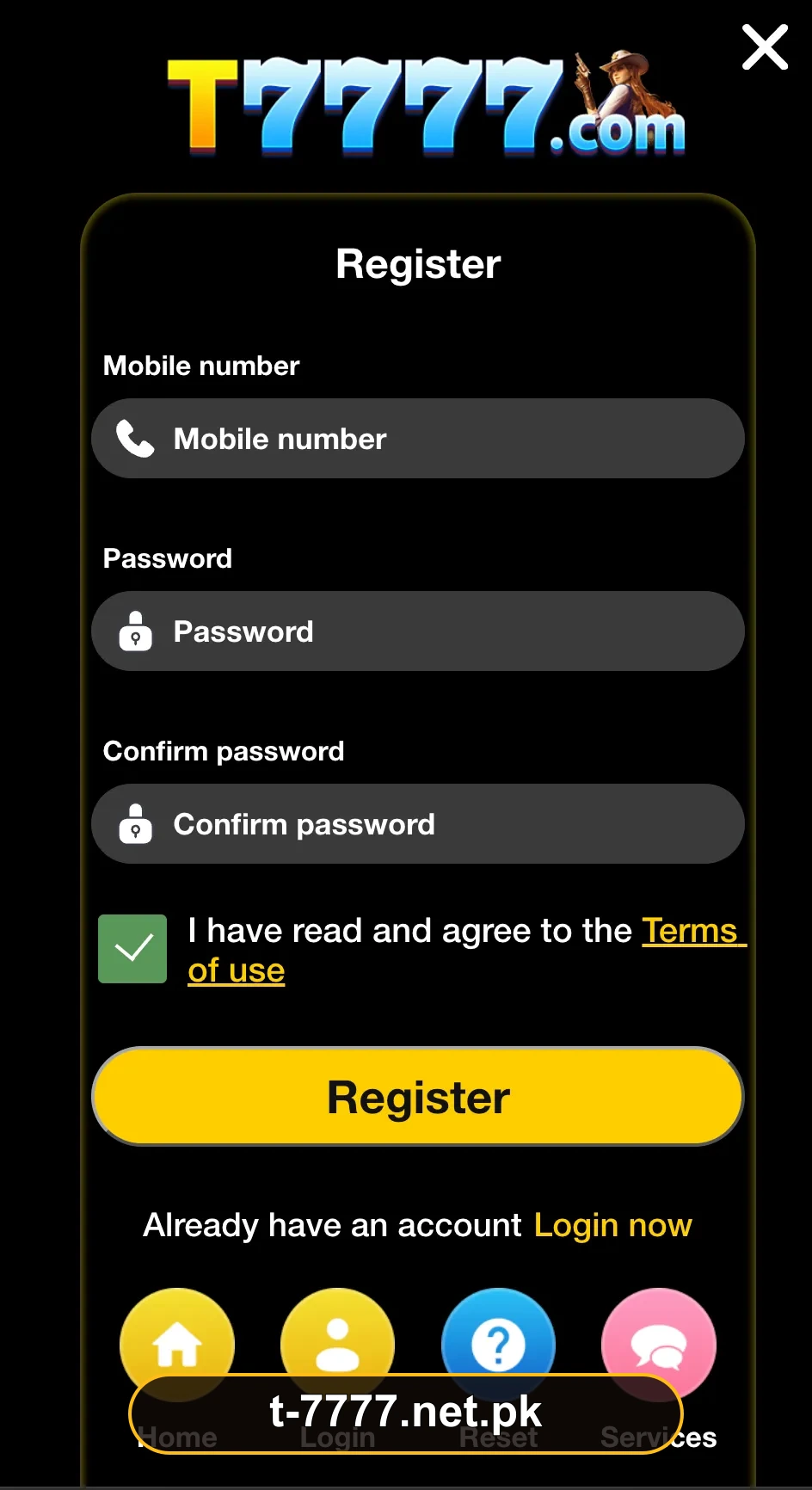 T7777 Game registration screen