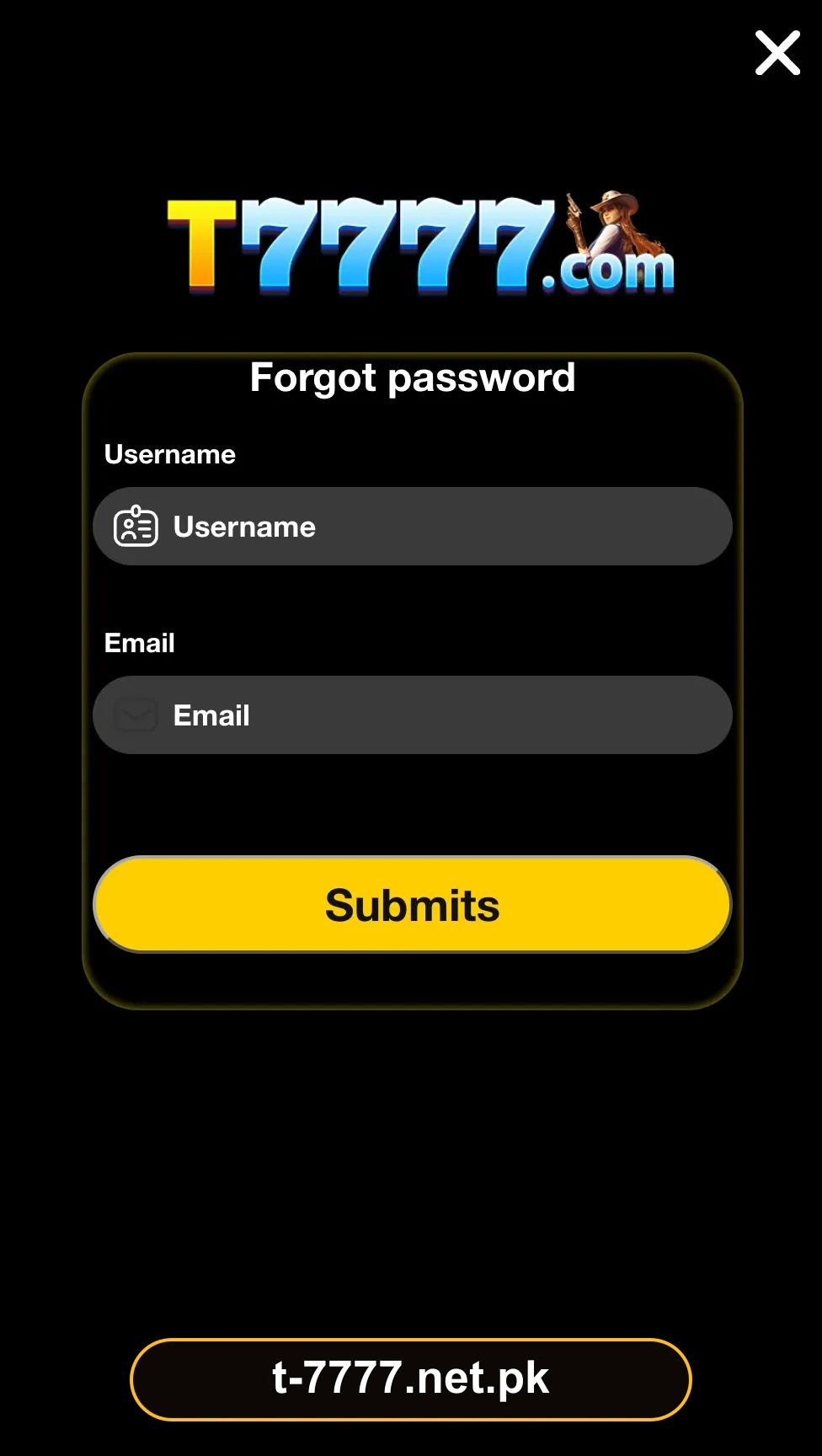 T7777 Game password reset screen